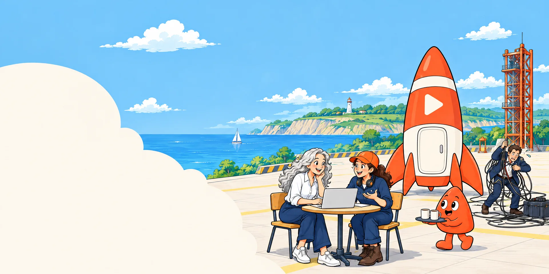 At a small table beside her rocket, a woman and a Playcode engineer look at her laptop together while Play brings two coffees. Behind them, a man in a suit wrestles with a tangle of cables.