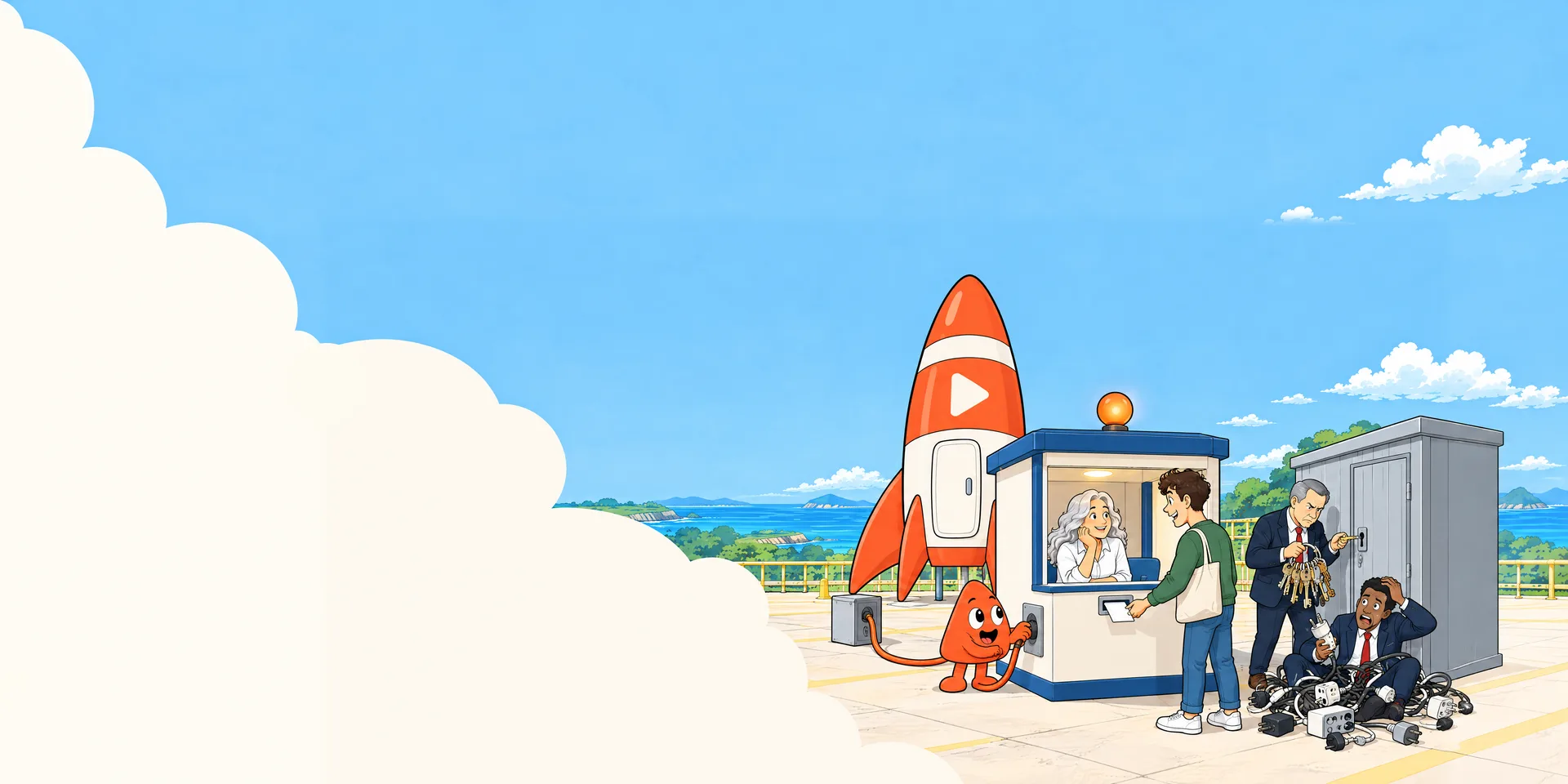 At her small kiosk, a customer takes a card from the slot while she relaxes inside and Play plugs in one cable that runs from a box by her rocket. Nearby, two men in suits struggle with a huge ring of keys and a tangle of plugs at a locked shed.