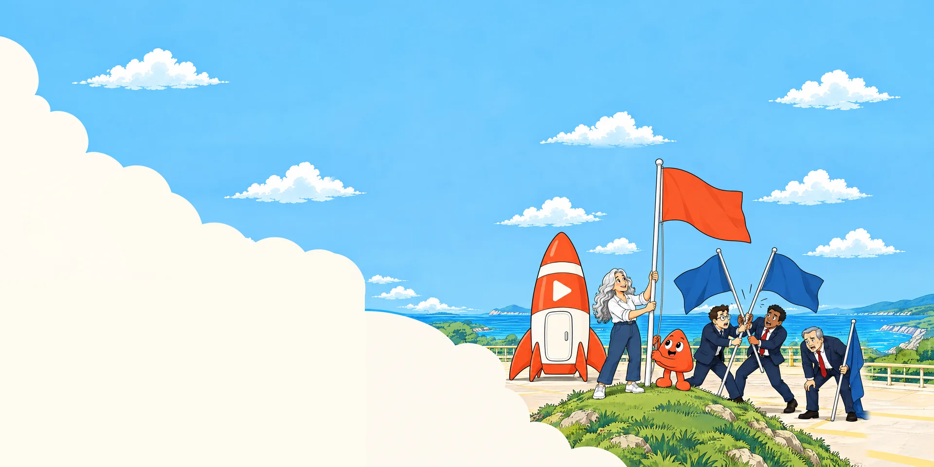 On a grassy rise by the sea, a woman holds a tall flagpole while Play hoists her plain orange flag, her rocket beside them. Three men in suits hurry up with blue flags, two of them tangled together.