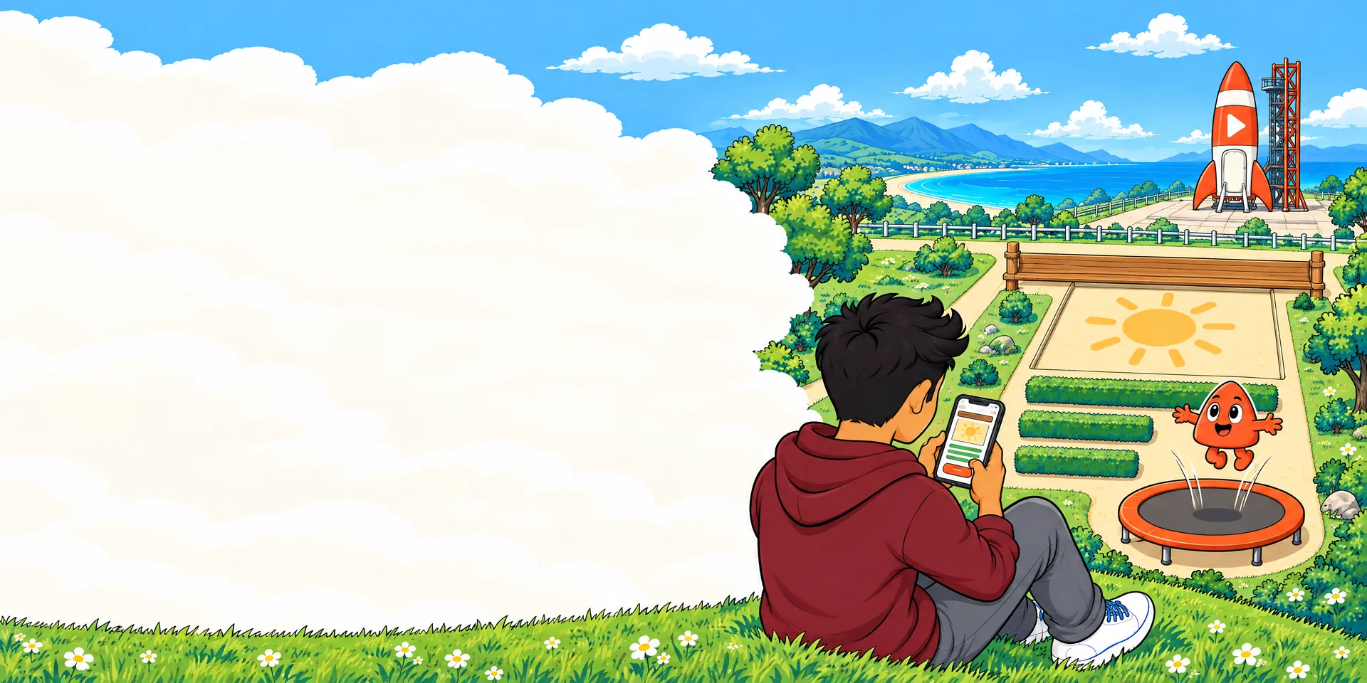 A playground laid out like a web page, seen from a hill: a long wooden bench for its header, a sandbox with a painted sun for its picture, rows of hedges for its lines of text and an orange trampoline for its button, where Play bounces. On the hill the student looks at the same page on his phone; our rocket stands beyond the fence.