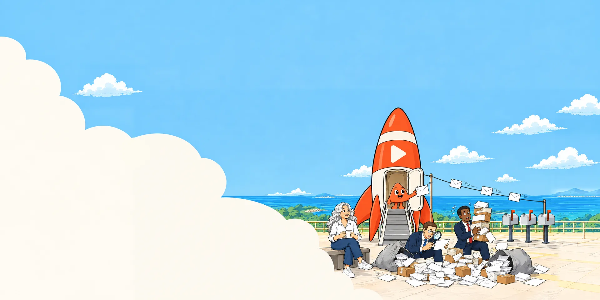 From the open door of her rocket, Play sends envelopes gliding along a wire to a row of mailboxes by the sea while she watches with a coffee. Below, two men in suits wade through a heap of unsorted mail.