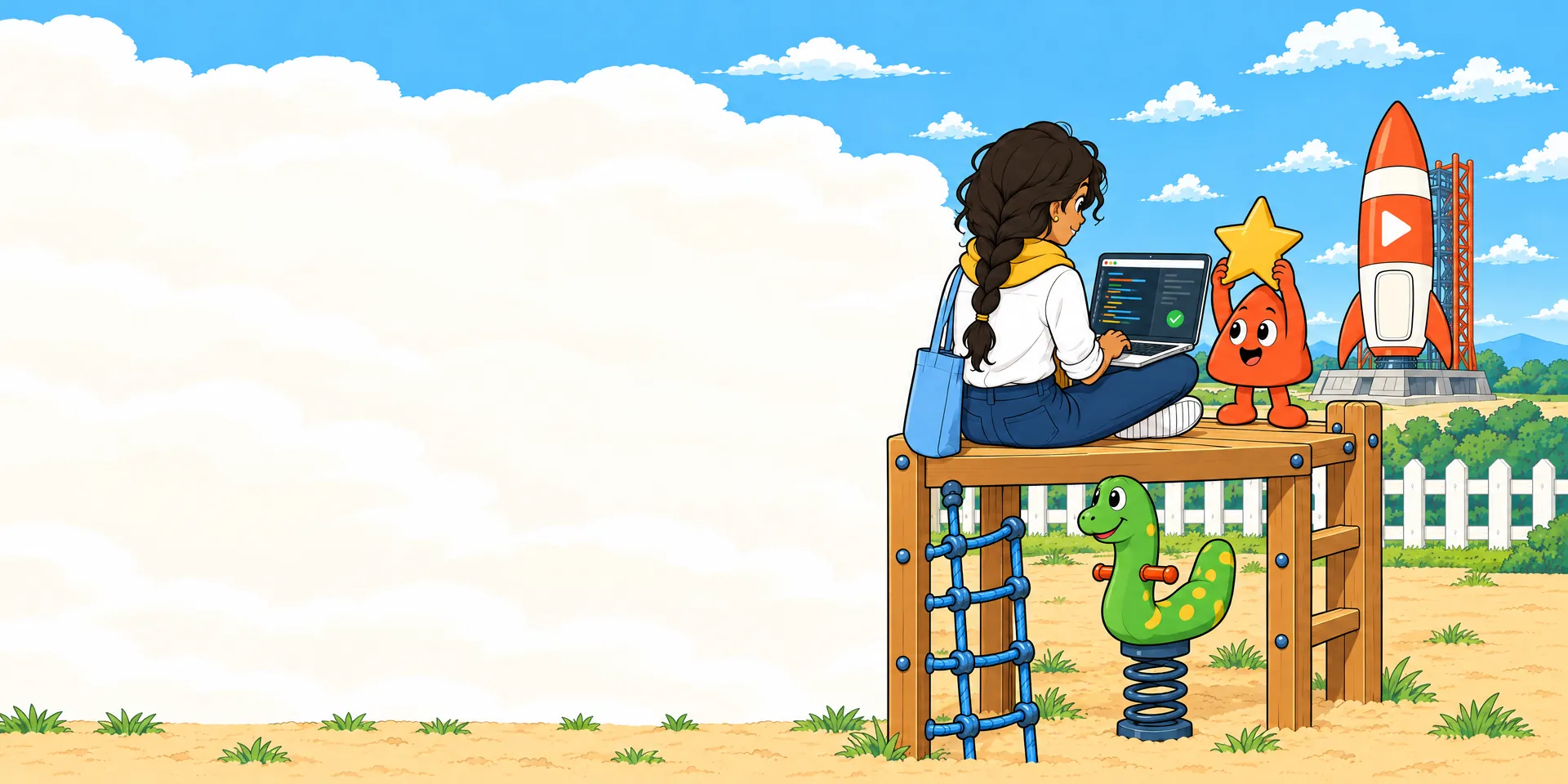On a playground climbing frame a student runs her code on a laptop, and Play holds up a gold star beside the output, like a teacher marking homework.