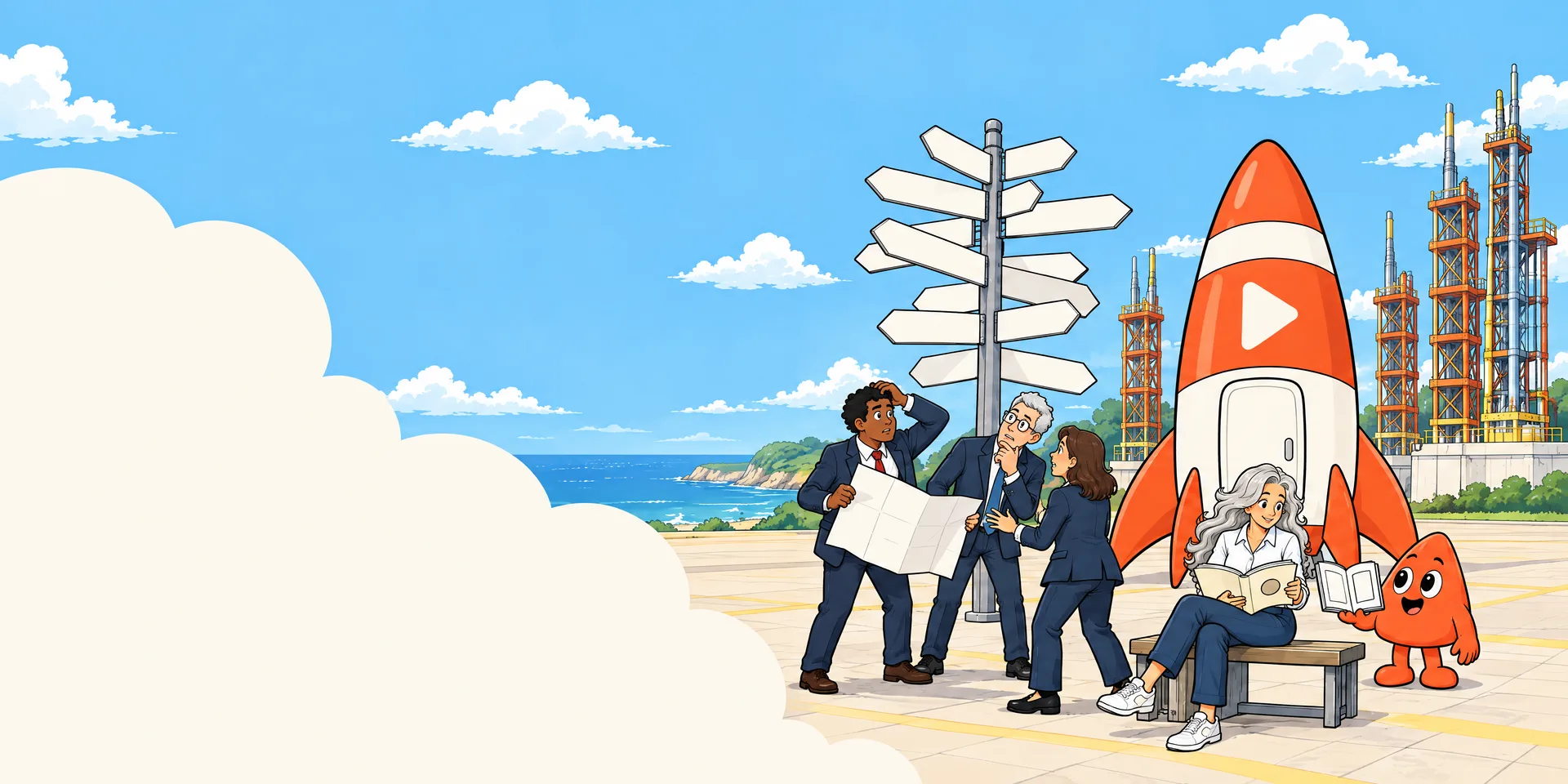 On the launch field, three suits argue under a signpost crowded with arrows, while the builder reads a small guidebook in the shade of our rocket and Play hands her the next one.