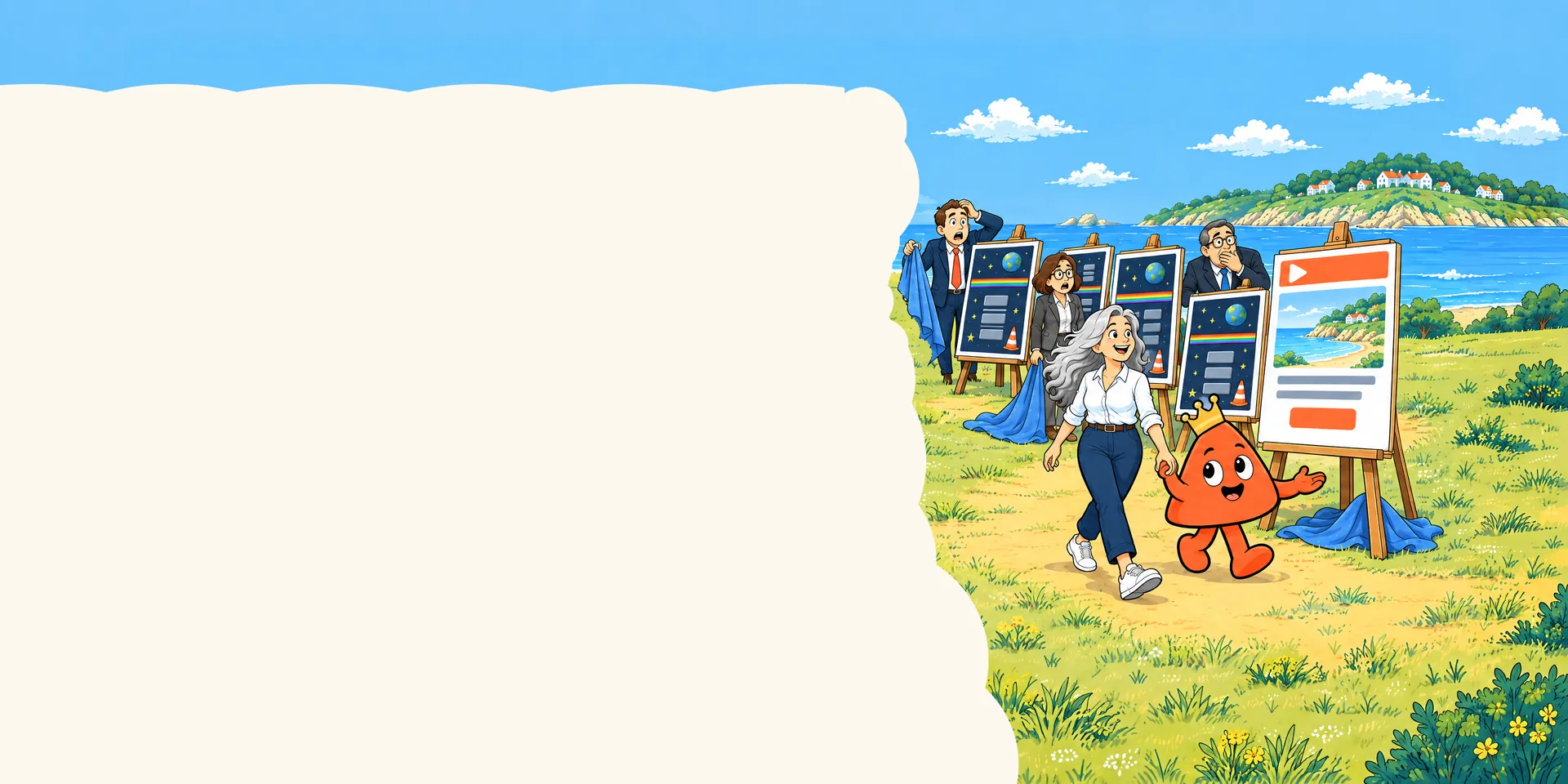 People in suits pull the covers off their new websites and find pages straight from the 1990s, while Play, wearing a small crown, walks the builder hand in hand to her bright, modern website.