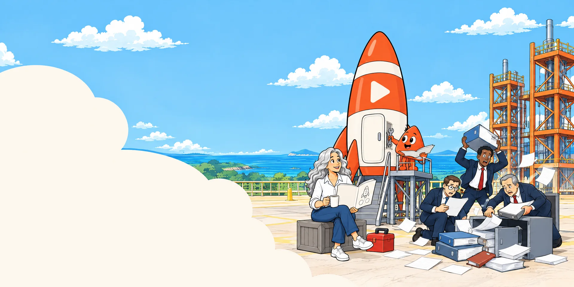 Beside her rocket, a woman reads the manual over coffee while Play follows the same steps at the rocket’s door. Behind them, three men in suits are lost in a pile of binders.