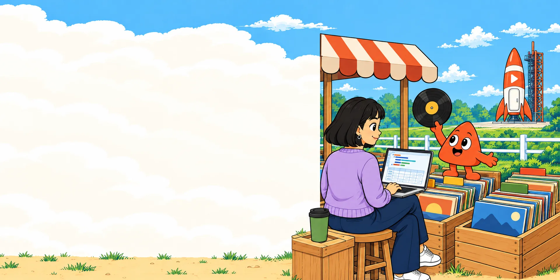 遊び場に開かれたレコード店で、スツールに座ったアナリストがノートパソコンでクエリを書き、Playがレコード箱の上に1枚のレコードを高く掲げています。フェンスの向こうでは、ロケットが待っています。