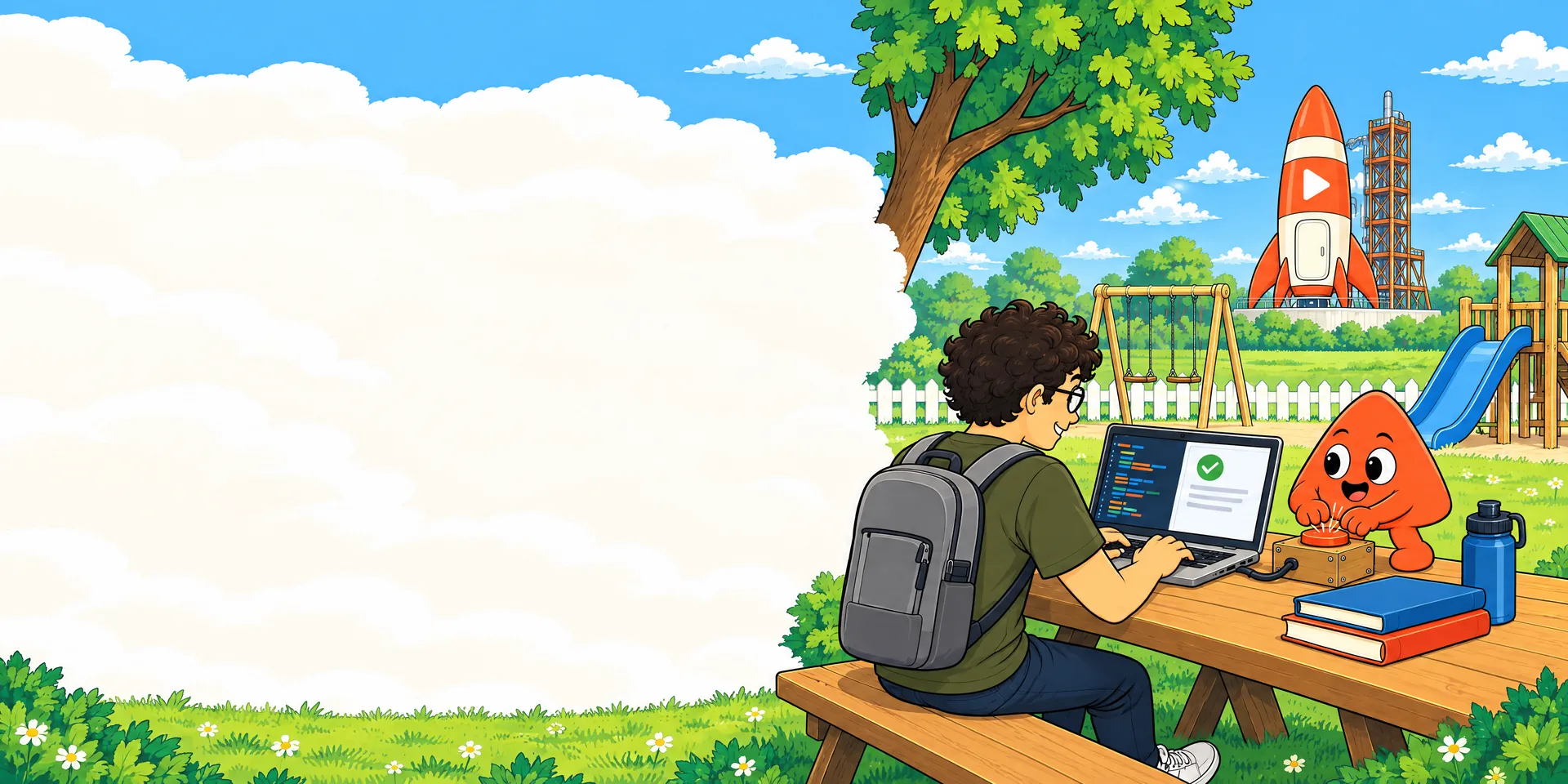 At a picnic table in a playground, a young developer runs his code on a laptop while Play presses a big flame-orange button wired to it; beyond the fence our rocket stands on its pad.
