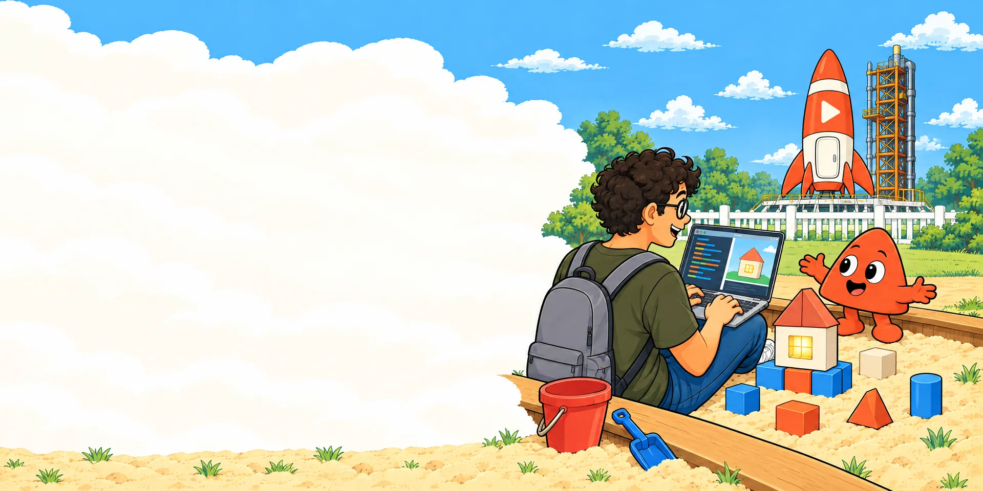 In a playground sandbox a young developer codes a little house on his laptop, and Play has built the same house from toy blocks, its window lit at the same moment as the one on the screen.