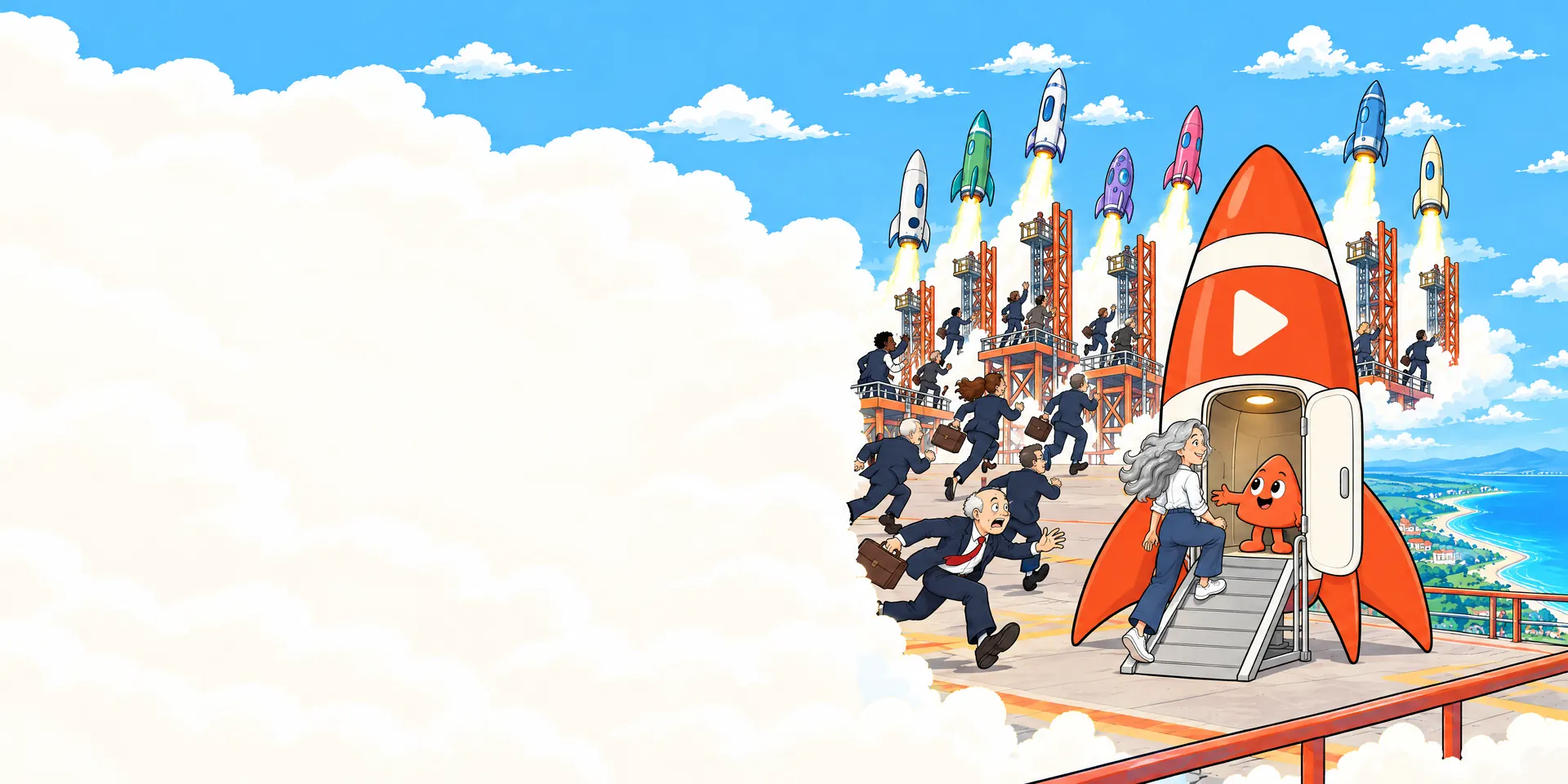 Rockets lift off while people in suits rush to catch them. A woman walks calmly into her own rocket, where Play welcomes her.