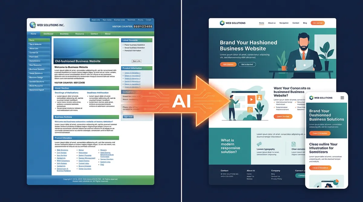 Before and after of an old website redesigned with AI - keeping all content while modernizing the design