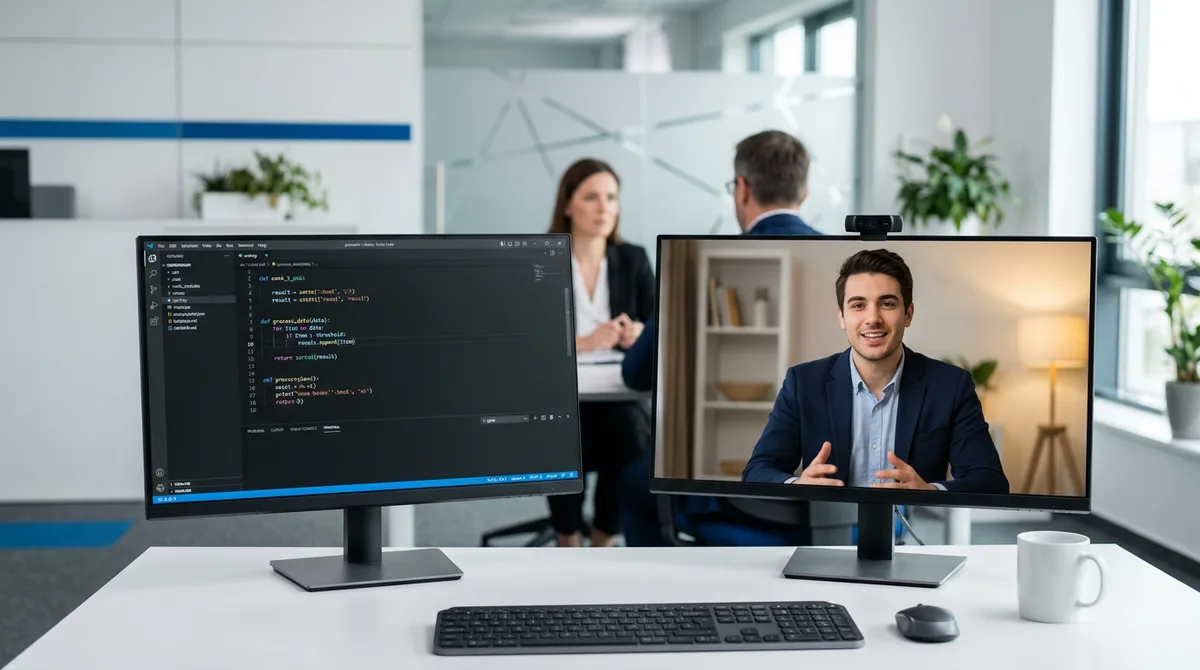 Professional coding interview setup with two screens showing a code editor and candidate video