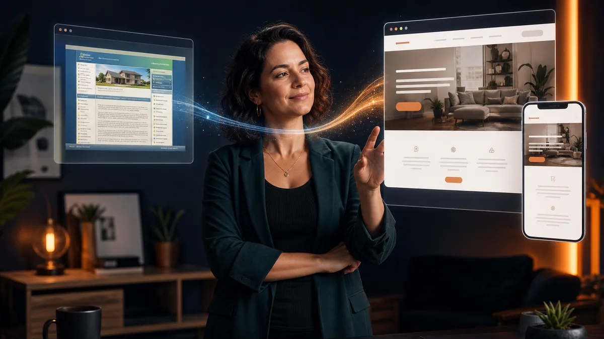 Small business owner watching AI transform an outdated website into a modern responsive website