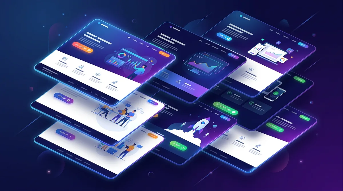 Multiple landing page designs floating in 3D space with modern layouts