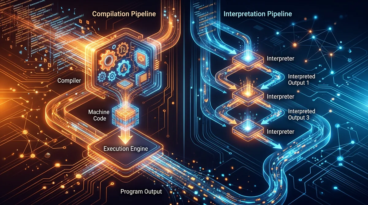 Split visual comparing compilation with gears and interpretation with flowing water