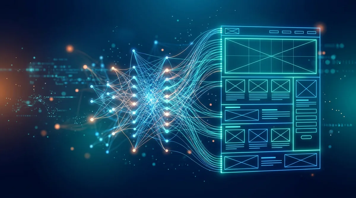 Abstract visualization of AI neural network nodes connecting to form a website wireframe structure