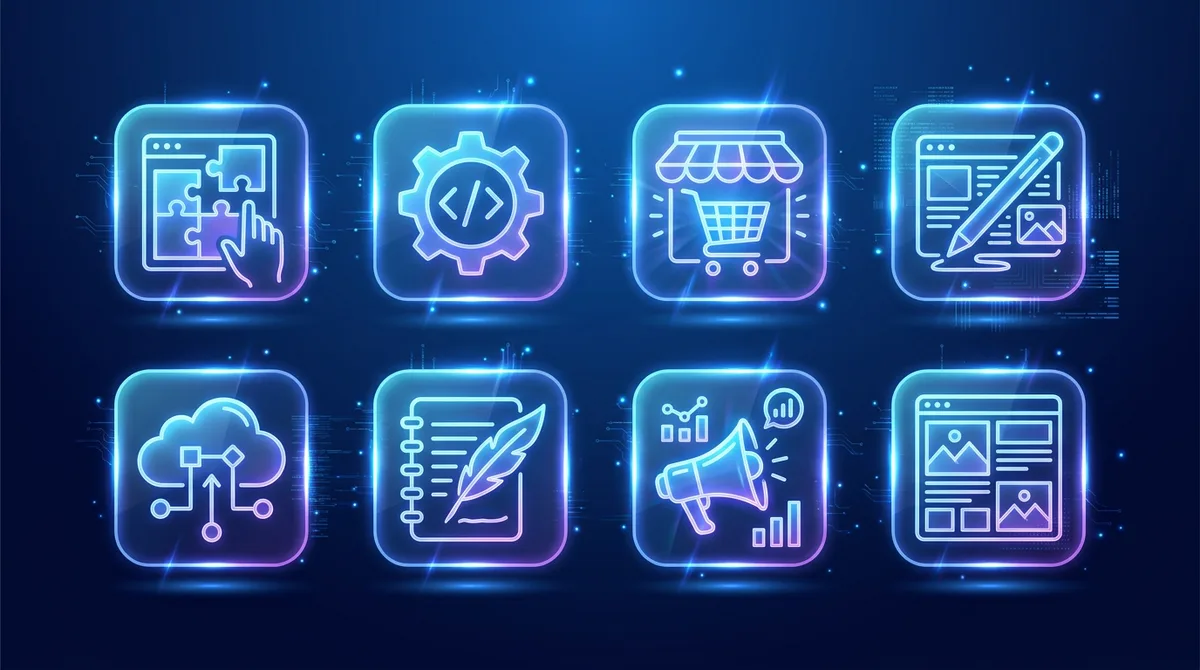 Grid of glowing app icons representing different website builder tools