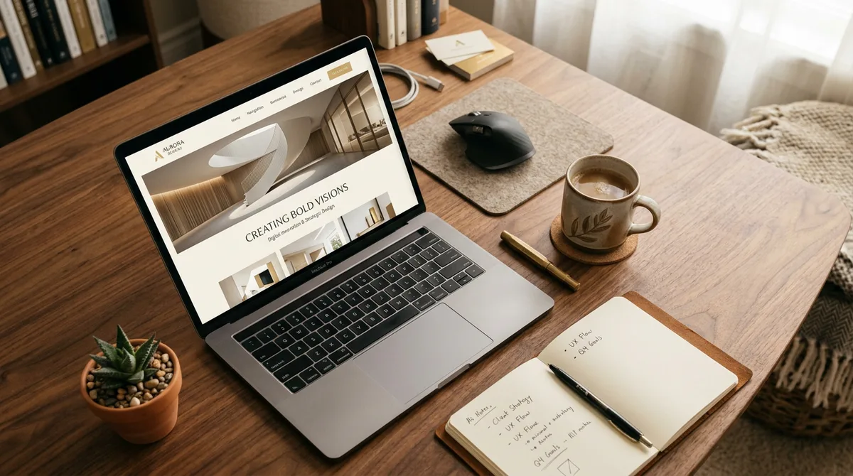 Professional workspace with laptop showing a beautiful modern website, warm ambient lighting