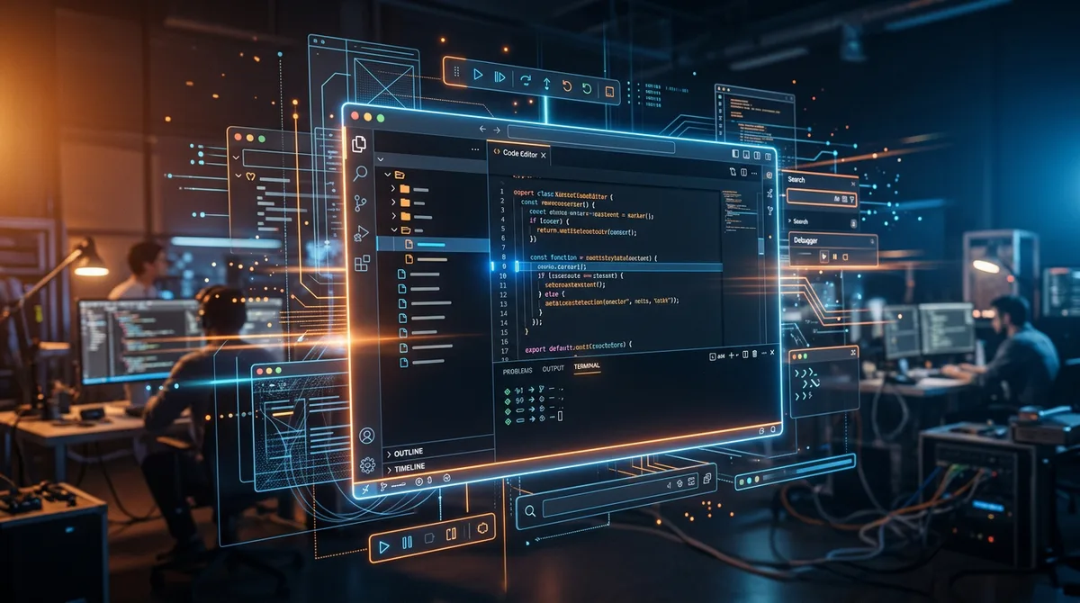 Futuristic product launch visualization with version 2.1 features radiating outward