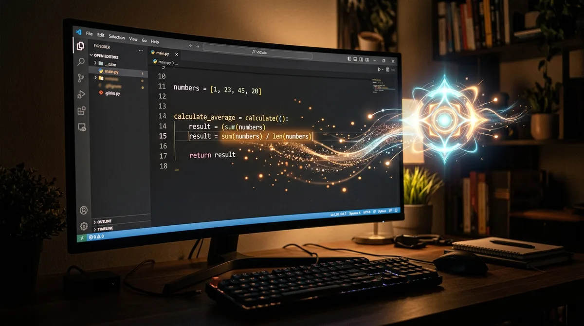 Glowing AI assistant icon beside a code editor suggesting completions with light particles