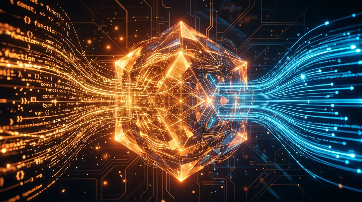 Abstract visualization of source code transforming through a glowing compilation pipeline