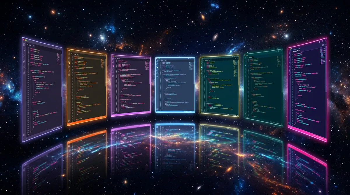 Multiple floating code editor windows with distinct themes and syntax highlighting on dark background
