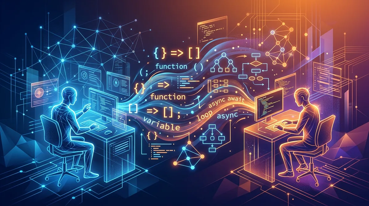 JavaScript technical assessment visualization with floating code blocks and evaluation checkmarks