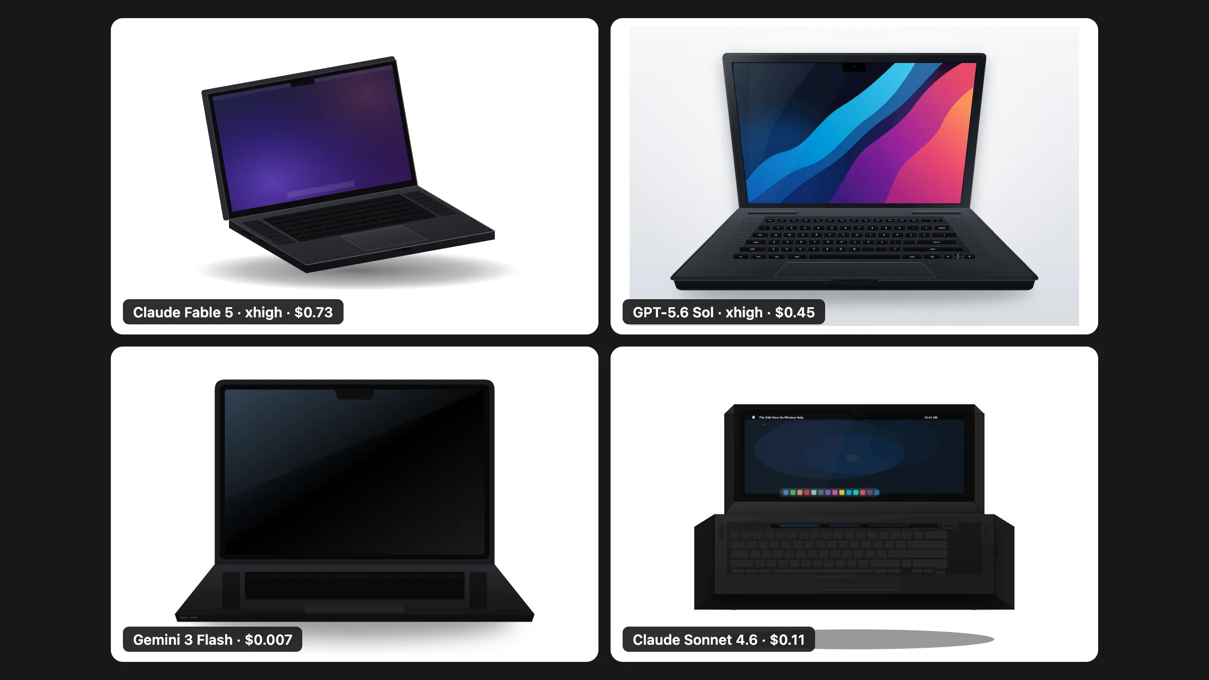 Grid of SVG MacBook Pro drawings produced by 9 frontier AI models, ranging from a correctly assembled dark laptop to broken abstract shapes