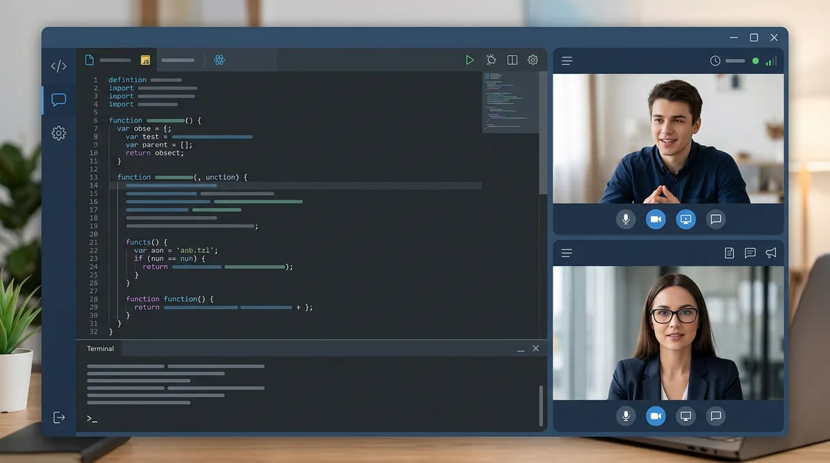 Modern developer interview platform with split code editor and video chat interface