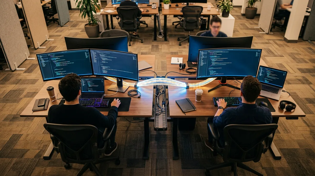 Birds-eye view of two workstations with code editors connected by a glowing network bridge