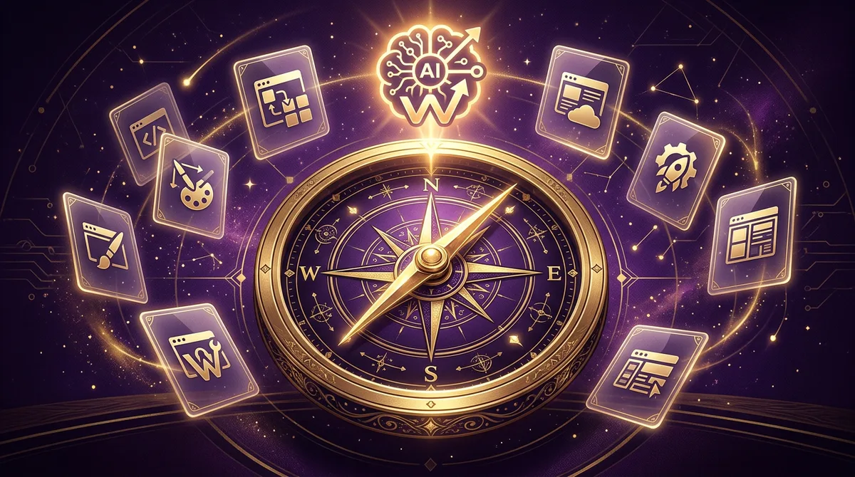 Golden compass pointing toward an AI website builder icon surrounded by floating option cards