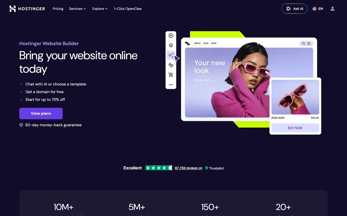 Historical Hostinger homepage captured in May 2026
