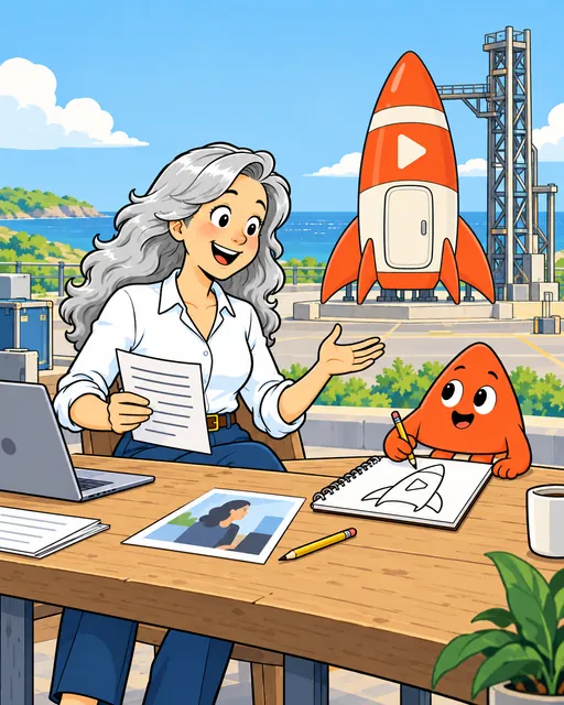 A woman explains her idea to Play at a worktable while he sketches a rocket.