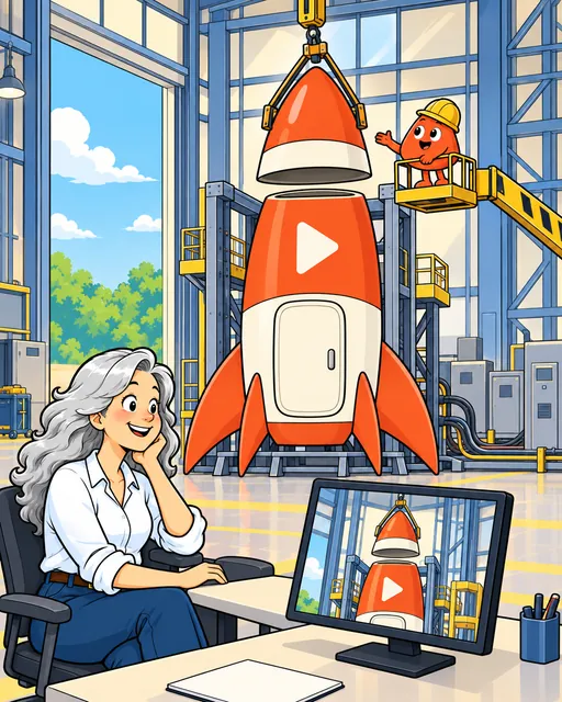 Play fits the nose cone onto a rocket with a crane while a woman watches on a screen.