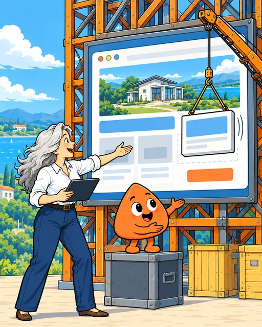 A woman points at her website on a big preview screen while Play moves a block.