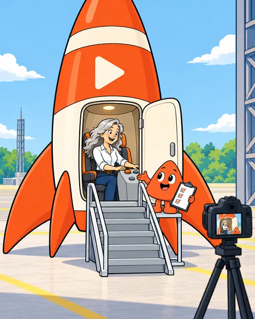 A woman tries the seat and controls inside her rocket while Play ticks a checklist.