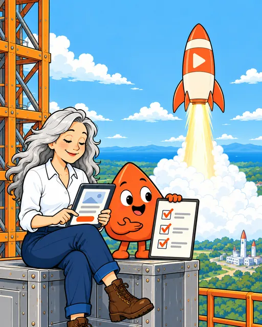 A woman taps her website's button on a tablet while Play ticks a checklist.