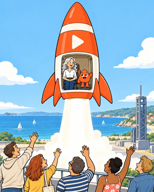 A rocket lifts off with a woman and Play aboard while customers wave.