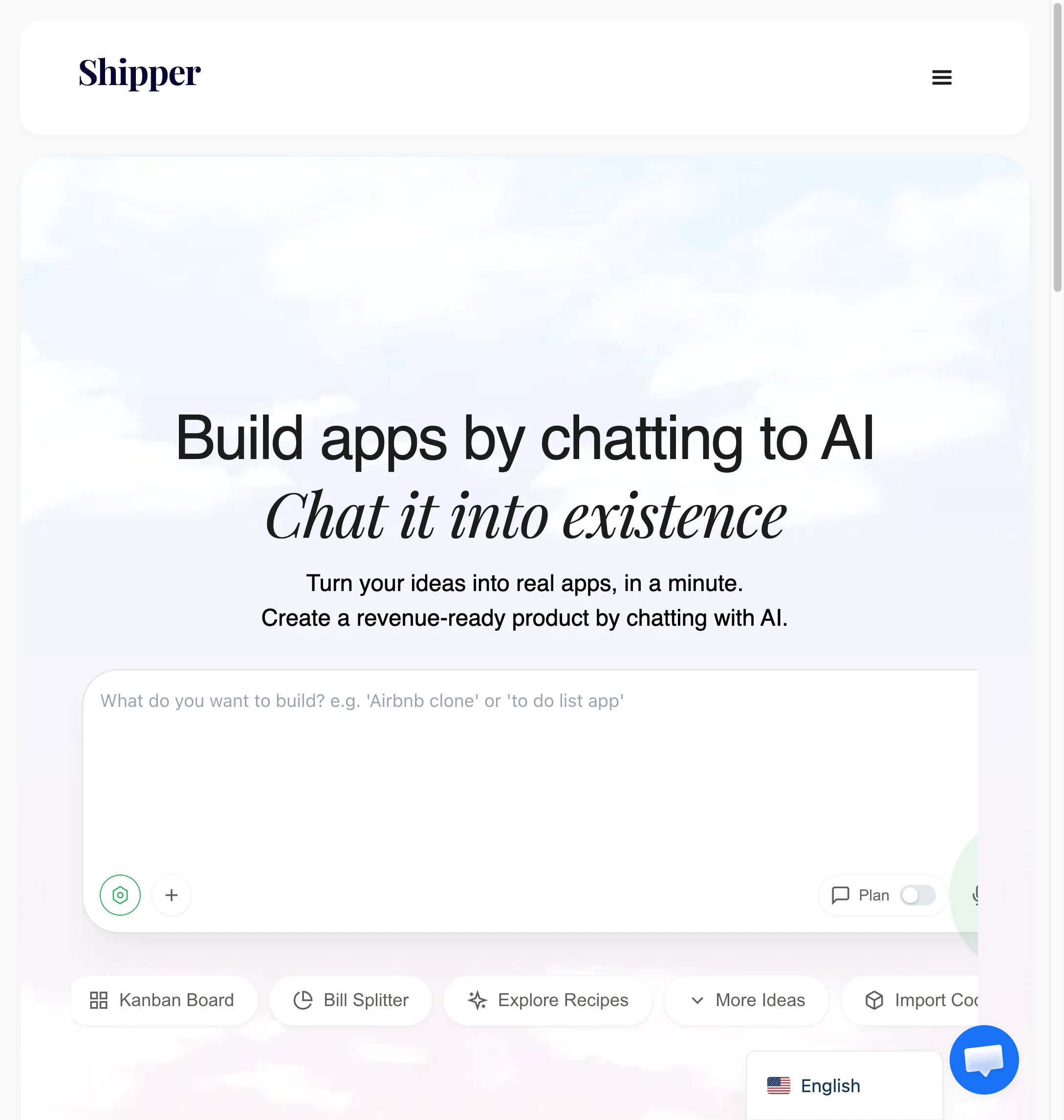 Shipper homepage - Build apps by chatting to AI