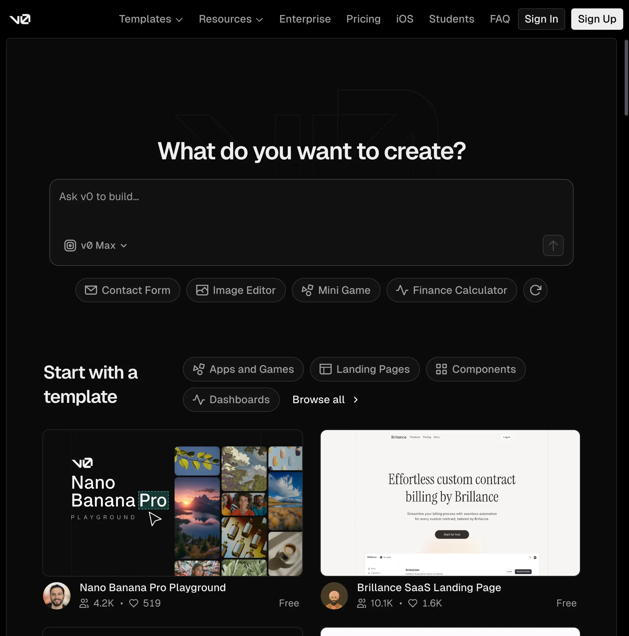 V0 by Vercel homepage - AI UI generation