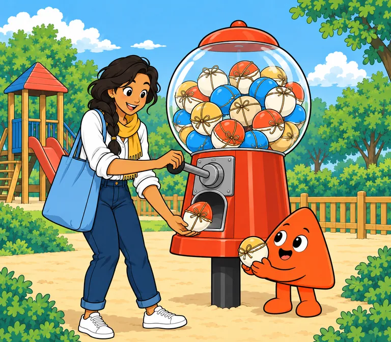 In a playground the student turns the crank of a big gumball machine full of little parcels, and one drops into her hand while Play catches the next.