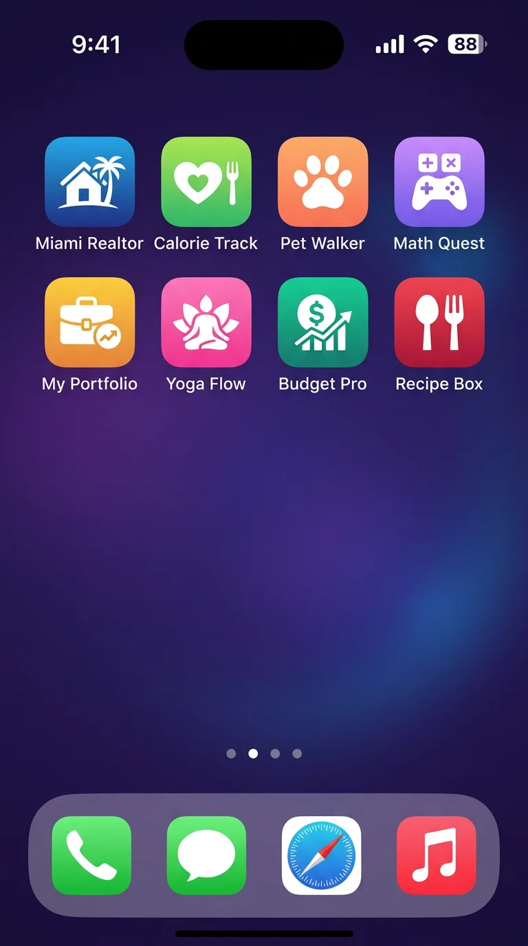 iPhone home screen with apps built using PlayCode