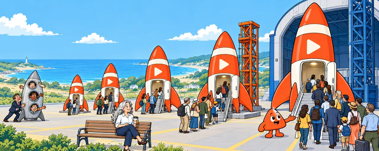 Five of her rockets stand in a row, from a small one to a giant at its own spaceport, each with a queue of her customers that grows with it. She rests on a bench while Play waves the crowd aboard the biggest, and a man in a suit crams people into one tiny rocket.