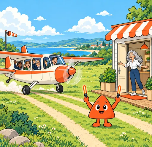 A small plane of waving customers lands on a grass strip, guided by Play with two wands, right at a woman's shop door.