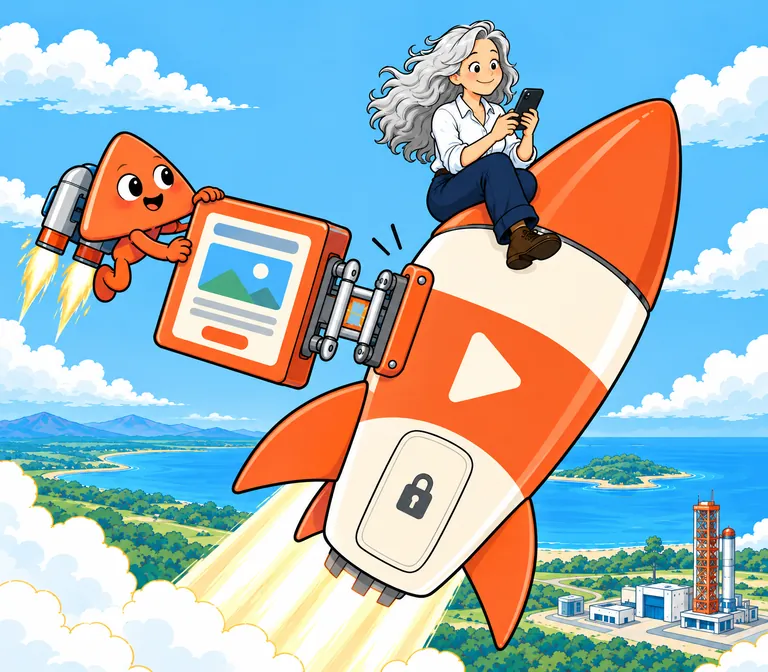 Play docks a new module to a rocket in flight while a woman reviews the change on her phone.