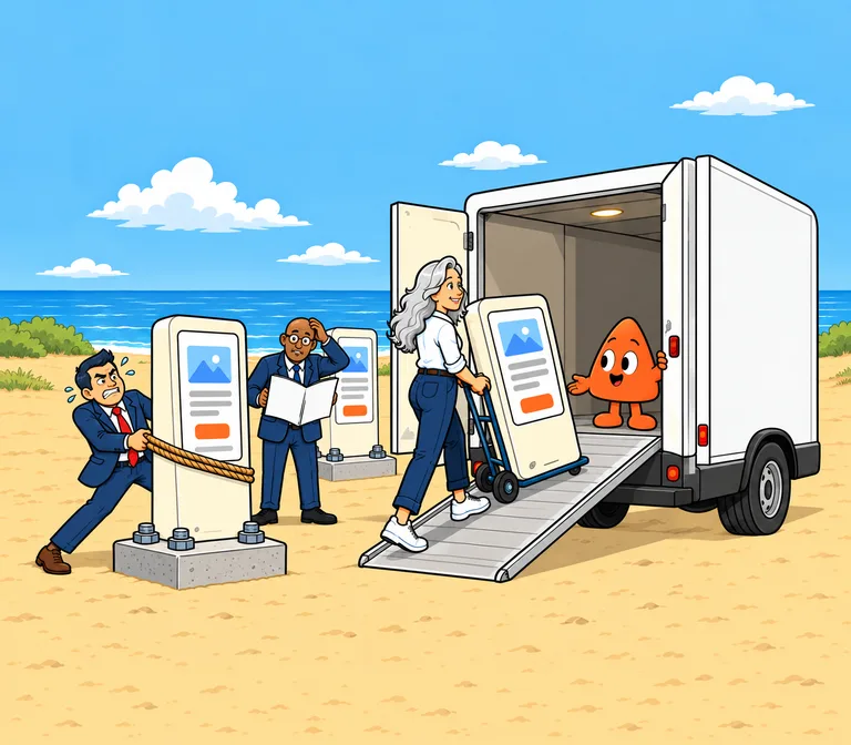 People in suits pull at website kiosks bolted to the ground while the builder wheels hers up a ramp into a moving van, Play holding the door.