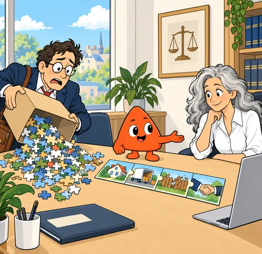 A worried client tips a box of jigsaw pieces onto a lawyer's desk. Play has already laid his story out in order.