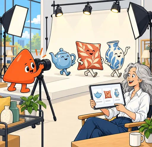 A teapot, a cushion and a vase walk a catwalk for Play's camera, and the owner sees them as neat product cards on her tablet.