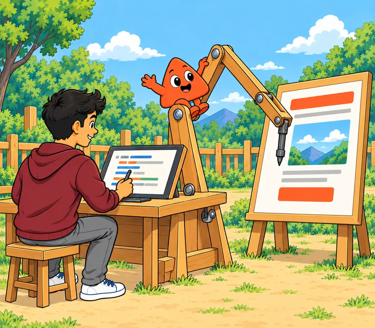At a wooden desk the student writes on a small screen with a stylus, and a big jointed wooden arm copies every stroke onto a board beside him, where a web page takes shape; Play rides the arm.