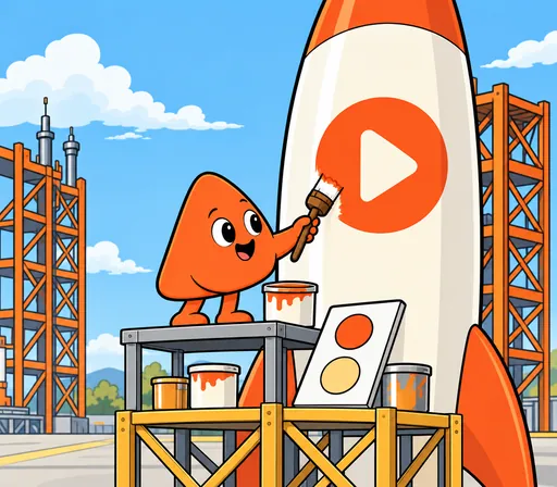 Play paints a simple mark on a rocket with a big brush.