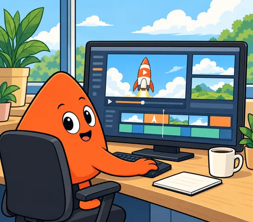 Play edits a video, a timeline of screens in front of him.